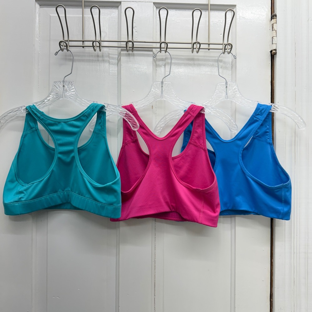3 Nike Dri-Fit Athletic Sports Bras Women's Large Pink Blue Turquoise Racerback - Picture 5 of 5